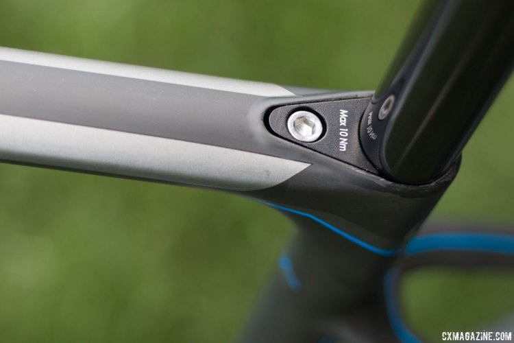 Blue Bicycles Prosecco EX gravel bike follows the trend that we've seen at Press Camp 2016, which is hidden binder bolts for seat clamps on gravel bikes. More exposed seat post offers more compliance. © Cyclocross Magazine