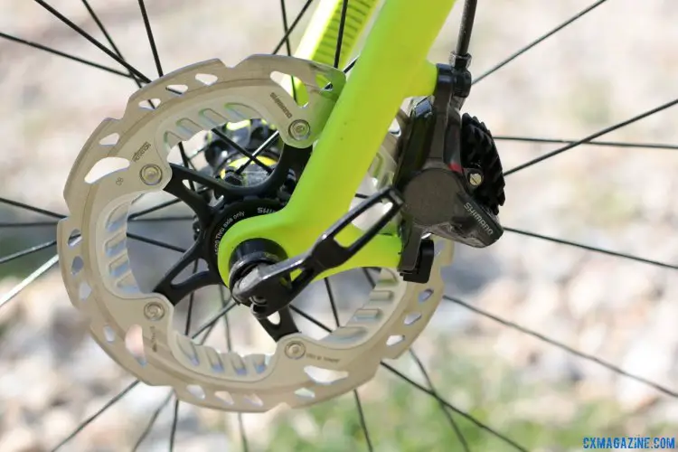 Post mount disc brakes on the GT Grade Ultegra carbon gravel bike's thru axle fork. Press Camp 2016. © Cyclocross Magazine