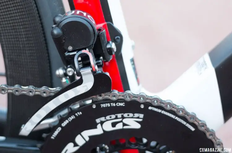 Rotor's Uno hydraulic shifting front derailleur shifts through the company's oval Q-rings and offers trim settings in each ring. © Cyclocross Magazine