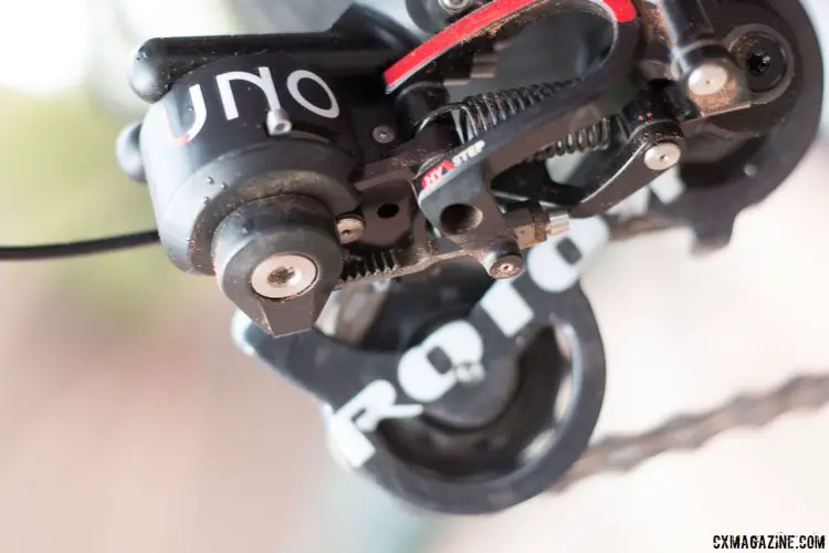The Uno hydraulic rear derailleur maintains the indexing - not the shifter. Theoretically, you could upgrade it to 12 speeds or more in the future, if the industry goes that way and Rotor supports a retrofit. We do worry that the indexing here could get contaminated. © Cyclocross Magazine