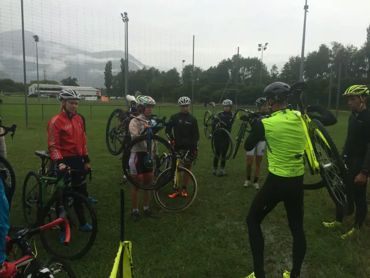 Discussing shouldering technique. UCI CX Training Camp 5.0. Photo courtesy Geoff Proctor. 