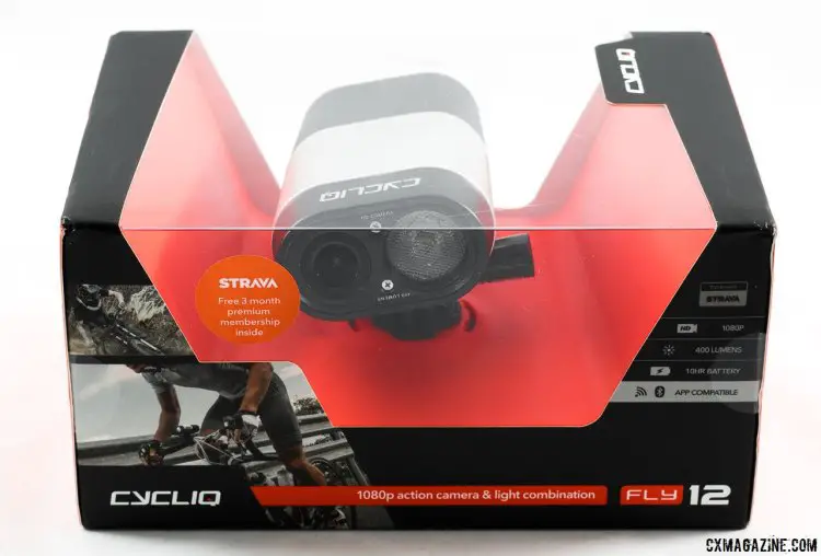 The Cycliq Fly12 headlight / HD camera combo in store packaging. © Cyclocross Magazine