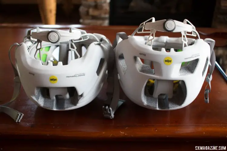 Smith's new Route (road, left) and Rover (mtb, right) helmets use different molds but look similar. The Rover has more coverage out back, and comes with a removeable visor. Press Camp 2016. © Cyclocross Magazine