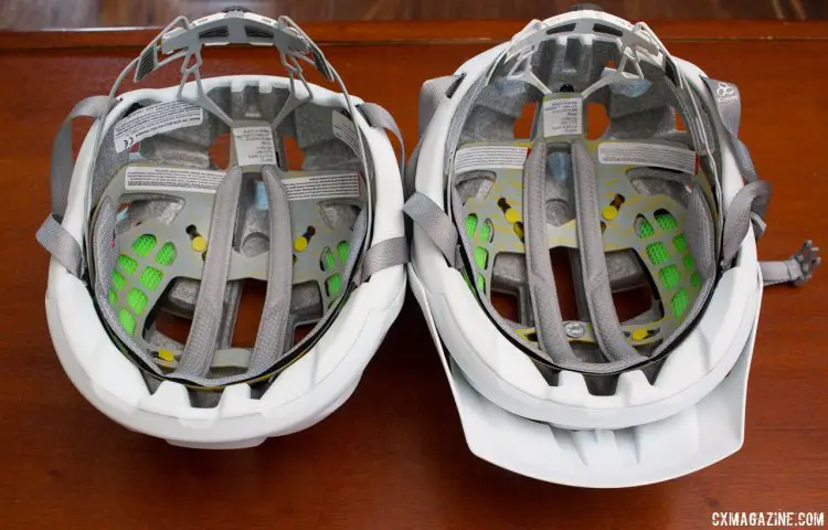 Smith's new Route (road, left) and Rover (mtb, right) helmets use different molds but look similar. The Rover has one more vent than the Route (20 vs 19) while the Route offers one additional color (9 vs. 8). Press Camp 2016. © Cyclocross Magazine