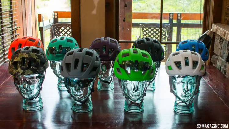 Smith's new Route (road) and Rover (mtb) helmets with MIPS and Koryd will keep you visible or fashionably matching your kit or bike. Note the celeste color, back left, that should please Bianchi owners. Press Camp 2016. © Cyclocross Magazine