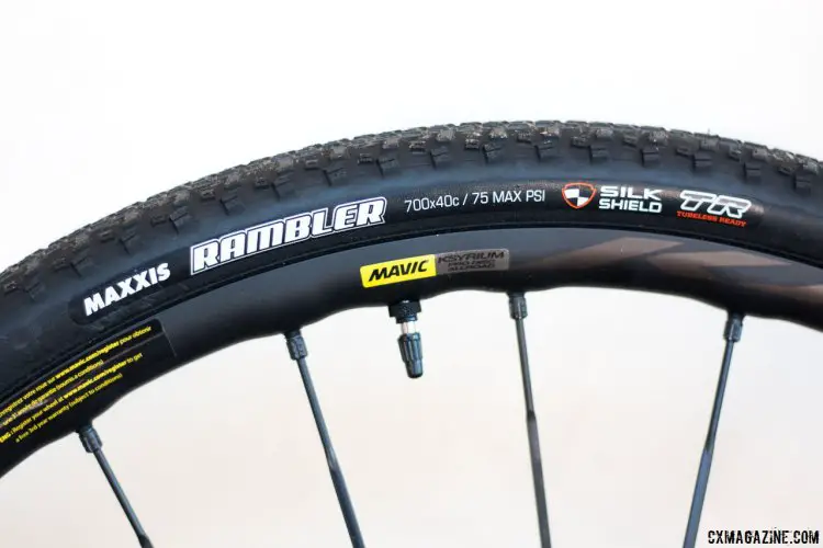 Our Parlee Chebacco cyclocross / gravel bike came equipped with Mavic Ksyrium Pro Allroad disc wheels and Mavic Rambler 60tpi tires with bead-to-bead Silk Shield protection. © Cyclocross Magazine