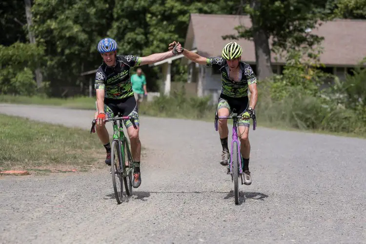 Bikenetic Teamies, Jamie Wiedenhahn and Peter Schultz, crossing the line. Photo: Bruce Buckley.