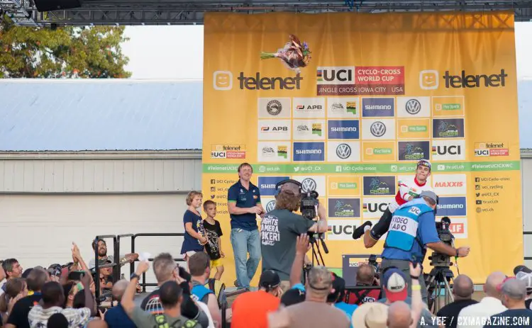 van Aert throws his flowers into the crowd. 2016 Jingle Cross Day 1, Elite Men. © A. Yee / Cyclocross Magazine