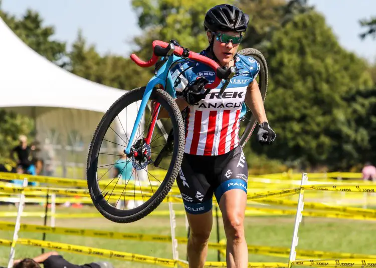 Compton running to the pits after breaking a chain. Elite Women, 2016 Trek CXC Cup Day 2. © Jeff Corcoran