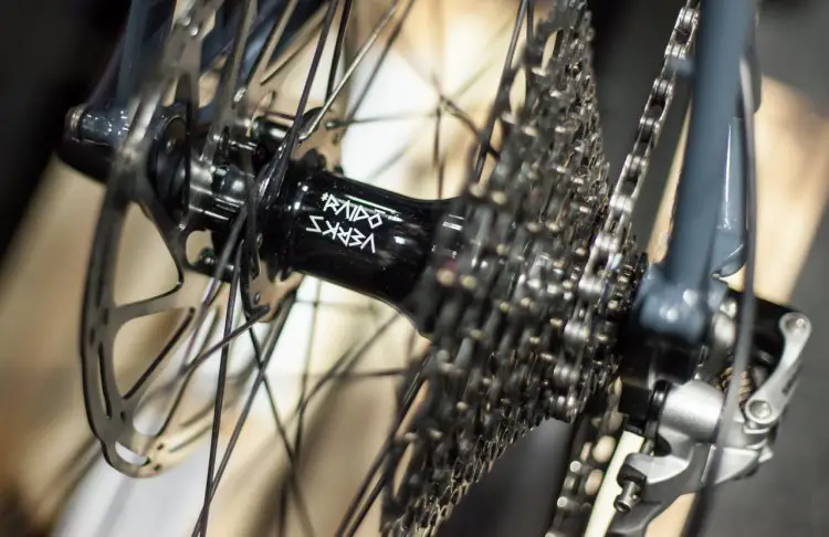 Though the RAVN show bike was rolling on a set of White Industries hubs, the stock build will come with Raidoverks 32h sealed bearing hubs. © Cyclocross Magazine