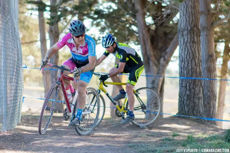 Jim English looking for the competition in the Masters B race. © Jeff Vander Stucken