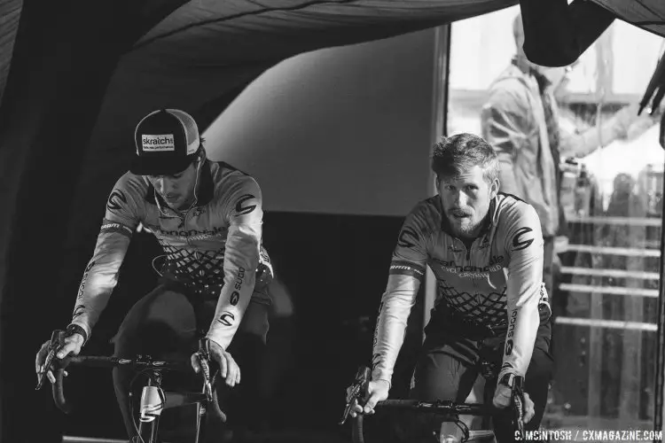 Stephen Hyde and Curtis White warming up for good before his race. 2016 KMC Cross Fest Day 2. © Chris McIntosh / Cyclocross Magazine