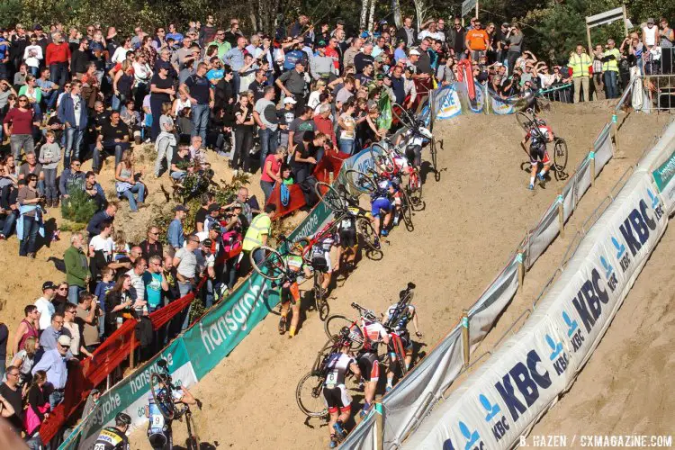 The first run-up on the first lap - the last time most of the field saw van der Poel and van Aert. 2016 Superprestige Zonhoven - men's race. © Bart Hazen / Cyclocross Magazine