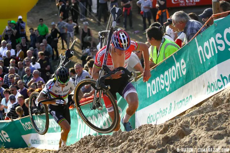 Van der Poel leading van Aert, who appeared to be the superior runner on the day. 2016 Superprestige Zonhoven - men's race. © Bart Hazen / Cyclocross Magazine