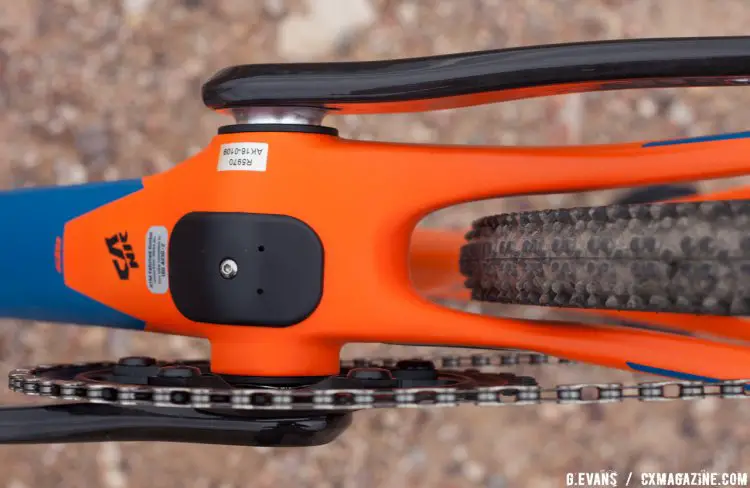 This shot of the underside shows rear tire clearance and the access port for cable routing. © Cyclocross Magazine