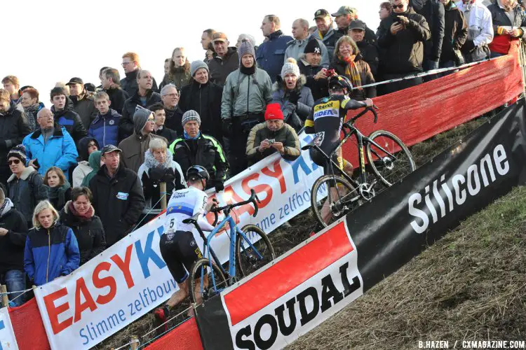 The muddy run-up challenged competitors at the 2016 Soudal Classics Jaarmarktcross in Niel. © B. Hazen / Cyclocross Magazine