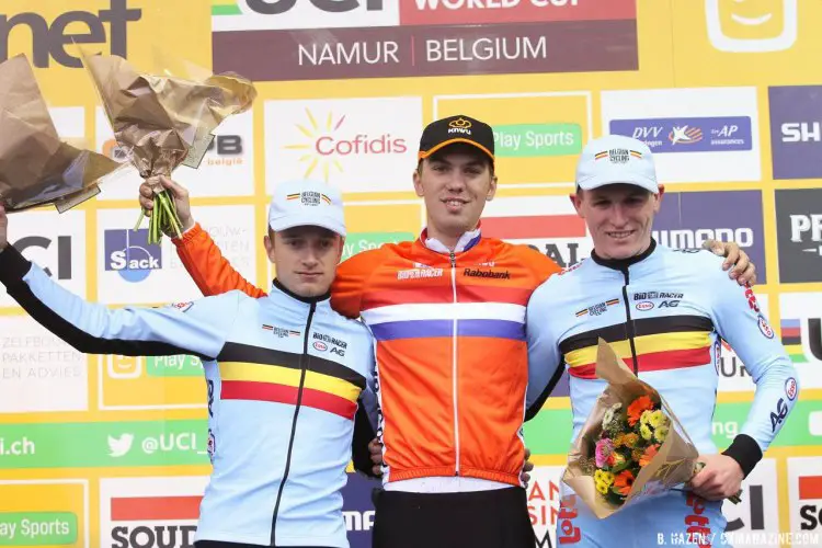 L to R: Quinten Hermans, Joris Nieuwenhuis and Thijs Aerts. 2016 Namur Cyclocross World Cup, U23 Men. © B. Hazen / Cyclocross Magazine