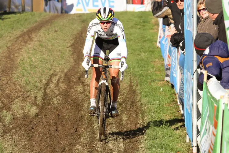 Thalita de Jong showed off her rainbow stripes by riding off the front once again. 2016 Hansgrohe Superprestige Spa-Francorchamps Women. © B. Hazen / Cyclocross Magazine