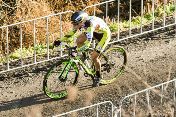 Alice Maria Arzuffi is hard to miss in her neon kit. 2016 Hansgrohe Superprestige Spa-Francorchamps Women. © B. Hazen / Cyclocross Magazine