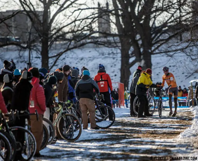 Pits were busy during the Men's Elite race. Early leader Yannick Eckmann coming in for a bike change, to avoid a position change. 2017 Cyclocross National Championships, © D. Perker / Cyclocross Magazine