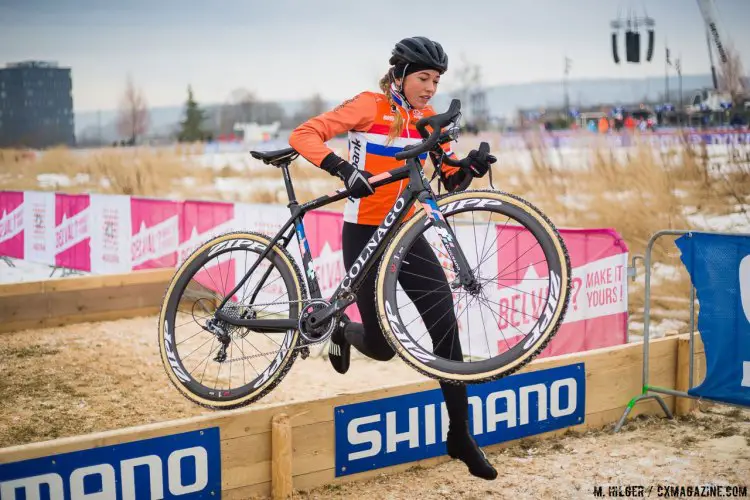 Sophie de Boer, 2016/2017 World Cup winner recently swapped bikes from her unbranded ride to a Colnago, and hopes to also swap jerseys this weekend. UCI Cyclocross World Championships, Bieles, Luxembourg. 1/27/2017 Training. © M. Hilger / Cyclocross Magazine