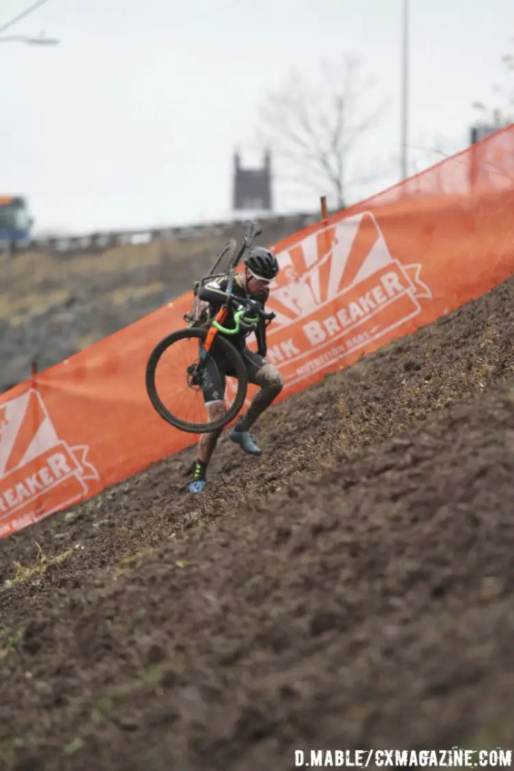 The embankment was a steep climb made slippery by the spiked soles of hundreds of feet over the course of two days of racing in Hartford. 2017 Cyclocross National Championships. © D. Mable/Cyclocross Magazine