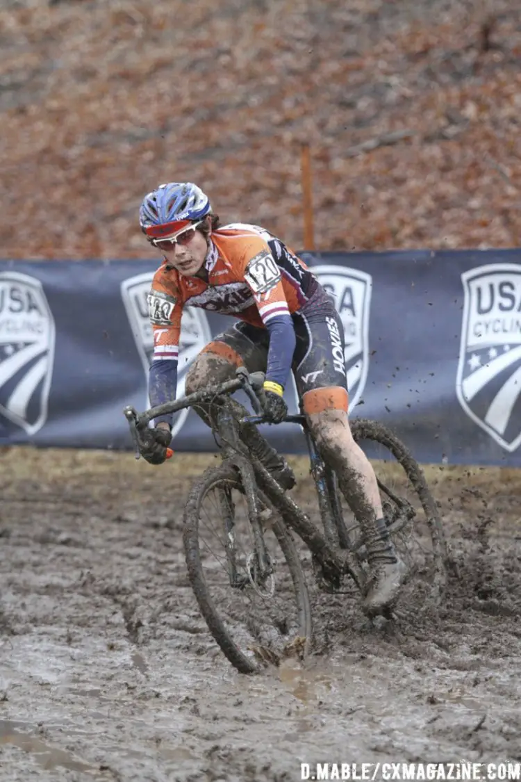 Travis Clayton of Virginia Polytechnic University nearly skids to the ground in a messy courner of the Riverside Park course. Clayton recovered and finished 12th in the Men's Collegiate Club race. 2017 Cyclocross National Championships. © D. Mable/Cyclocross Magazine