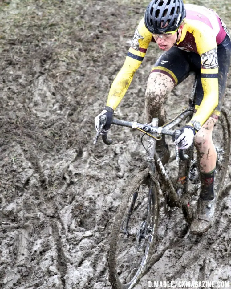 Brannan Fix of Colorado Mesa University begins his first trip up the slippery embankment on his way to a victory in the Men's Collegiate Varsity race. 2017 Cyclocross National Championships. ©D. Mable/Cyclocross Magazine