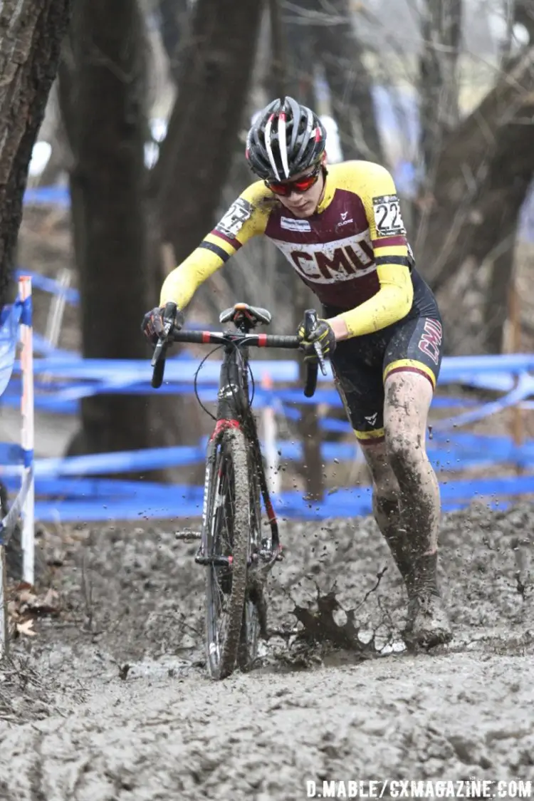 Brannan Fix of Colorado Mesa University on his way to victory on the muddy Riverside Park cyclocross courste at the 2017 Cyclocross National Championships in Hartford, Conneticut. ©D. Mable/Cyclocross Magazine