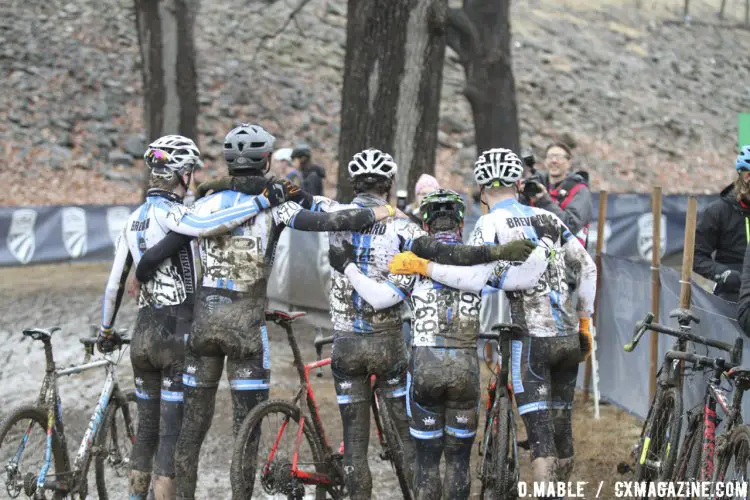 The Brevard College Men's team celebrates the closing of the 2016-17 season after the Men's Collegiate Varsity race on Wednesday. 2017 Cyclocross National Championships. ©D. Mable/Cyclocross Magazine