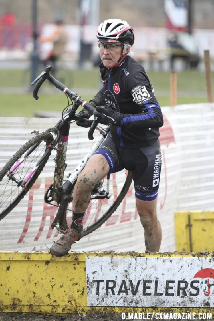 Leaping the barriers, Fred Wittwer of Charlottesville, Virginia powered his way to victory in the Master's 65-69 race on Wednesday in Hartford, Conneticut. 2017 Cyclocross National Championships. ©D. Mable/Cyclocross Magazine