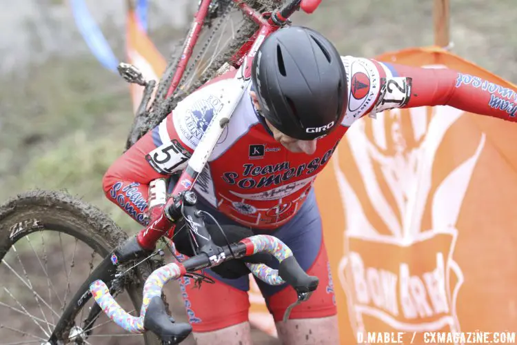 Joe Saling heads up the embankment on the first lap of the Master's 70+ race at the 2017 USA Cycling Cyclocross National Championships. © D. Mable/Cyclocross Magazine.