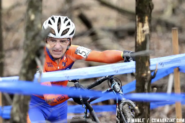 James Case of Groton, Conneticut takes a turn through the woods on his way to a second place finish in the Masters Men 75-79 race. © D. Mable/Cyclocross Magazine.