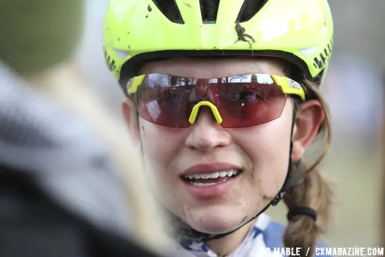 Emily Shields of the University of North Carolina Greenboro interviews with USA Cycling after her victory in the Women's Collegiate Club race. 2017 Cyclocross National Championships. ©D. Mable/Cyclocross Magazine