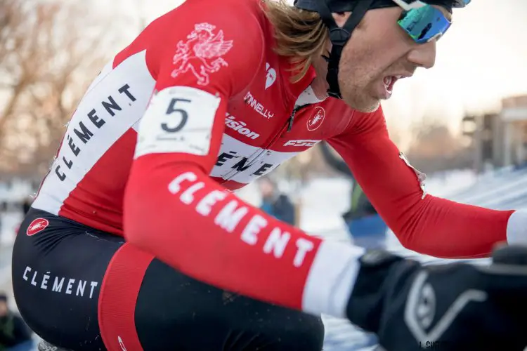 Jamey Driscoll, "the dangler", patiently moved past everyone but Hyde. 2017 Cyclocross National Championships. Sunday, U23 Men, Elite Women, Elite Men. © J. Curtes / Cyclocross Magazine