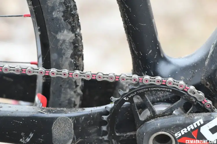 Musgrave uses a KMC X10SL chain with colored highlights. 2017 Cyclocross National Championships. © A. Yee / Cyclocross Magazine