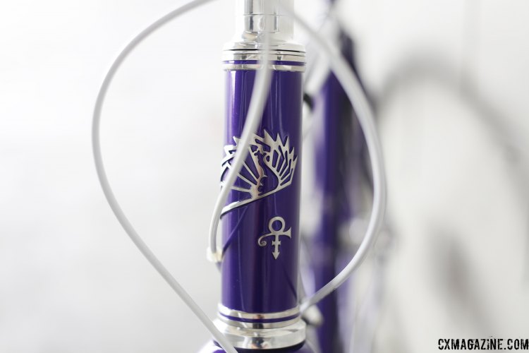 Peacock Groove's headbadge, and another Prince emblem for good measure. The contrast between the purple paint and white housing is again, beautiful. © C. Fegan-Kim Cyclocross Magazine