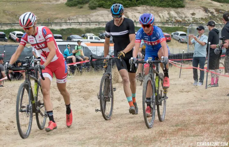 Rochette and Nash exit the sand pit with a male racer in tow. 2017 Sea Otter Classic cyclocross race. © J. Silva / Cyclocross Magazine