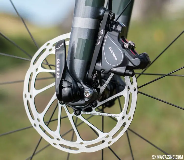 The flat mount brake set for a 140mm rotor offers clearance for the fender stays to mount at the fork end. Fezzari's Shafer gravel bike. © Cyclocross Magazine