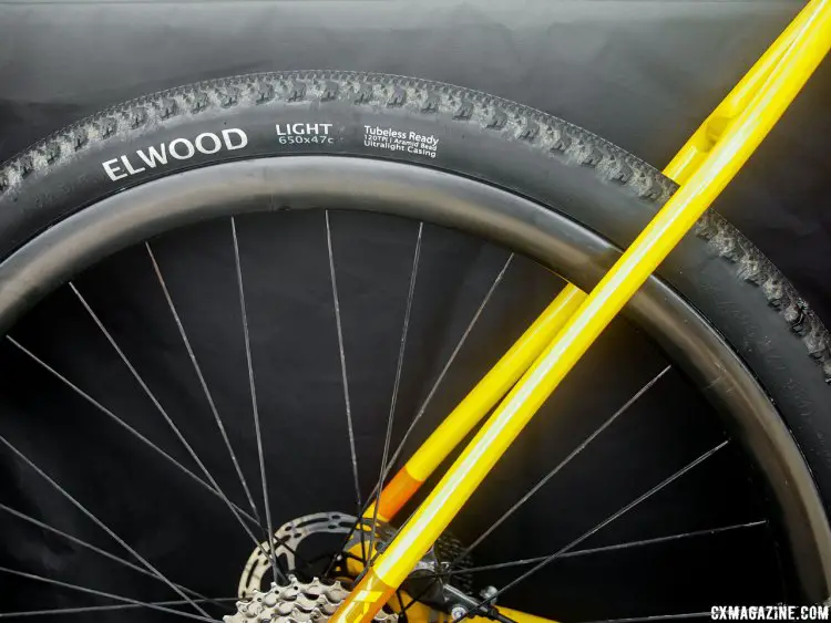 The Terrene Elwood tubeless ready tires have a 120TPI Aramid bead and lightweight casing and come in 650x47c size. 2017 Sea Otter Classic. © G. Kato / Cyclocross Magazine