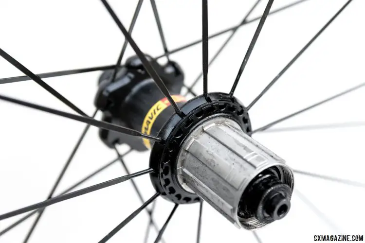 The Mavic Ksyrium Pro SL T Disc tubular wheelset features drilled driveside flange for straight pull radial spokes of the Mavic ISOPULSE lacing system.. © Cyclocross Magazine