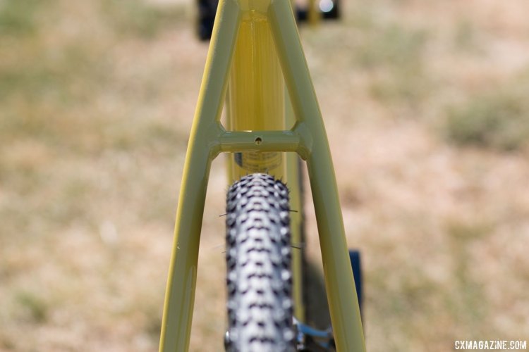 The 2018 Kona Jake the Snake cyclocross bike boasts nearly as much seatstay clearance as the carbon Major Jake and Super Jake models. © Cyclocross Magazine