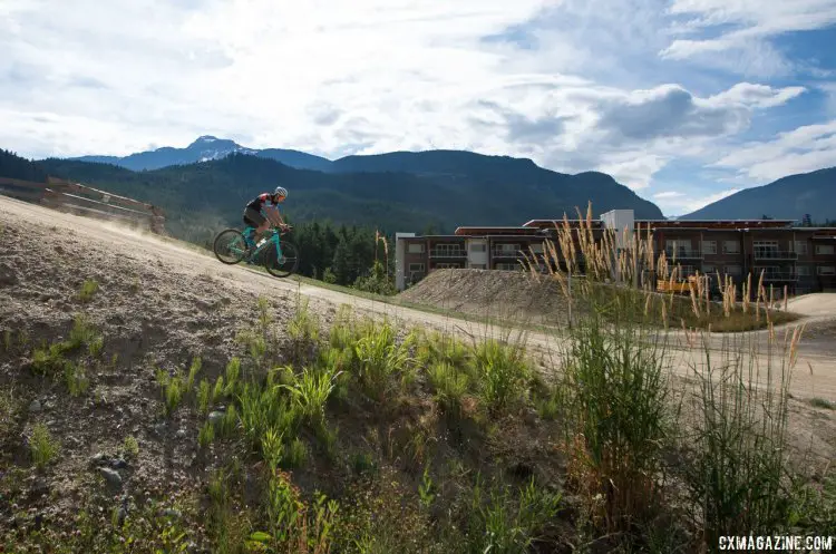 Kerry Werner puts the 2018 Kona Major Jake cyclocross bike to the test at the Whistler BMX track. Cyclocross Magazine was the only publication silly enough to try to follow him. © Cyclocross Magazine