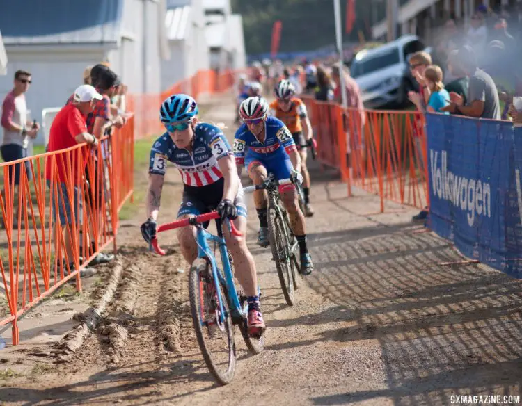 American National Champion Katie Compton led California-based Czech Katerina Nash on lap one of the 2016 World Cup. Jingle Cross cyclocross festival. © A. Yee / Cyclocross Magazine