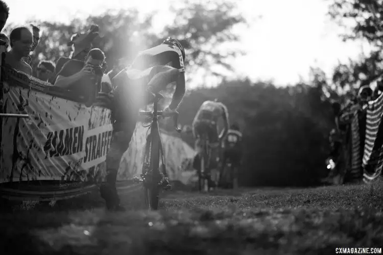 Under fading light, the men remount after a long Mt. Crumpit run-up. 2016 Jingle Cross cyclocross festival. © A. Yee / Cyclocross Magazine