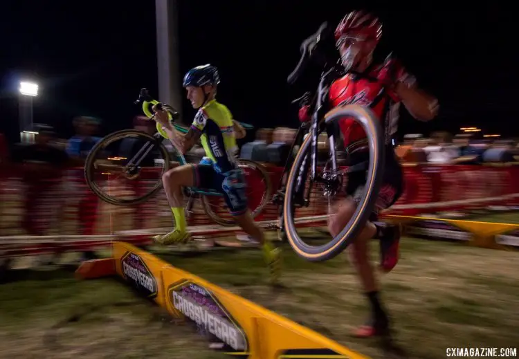 Molly Cameron runs the barriers with her new Spooky cyclocross bike. 2017 CrossVegas Elite Men. © A. Yee / Cyclocross Magazine