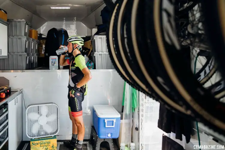 Fans, coolers and cold drinks were all implemented to keep the Cannondale p/b CyclocrossWorld team cool. 2017 Trek CX Cup, Friday UCI C2. © J. Curtes / Cyclocross Magazine