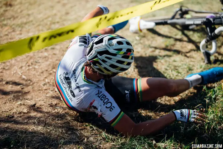 Just like Compton at Jingle Cross, Cant was shaken up from her crash. She did not continue. 2017 Trek CX Cup, Friday UCI C2. © J. Curtes / Cyclocross Magazine