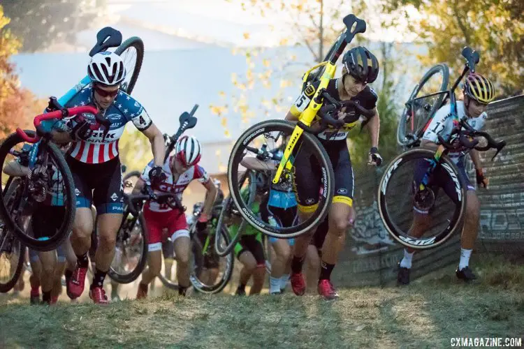 Compton, Van Loy and Brammeier lead the run-up. Elite Women, 2017 Jingle Cross Day 1 UCI C1 (Friday Night). © J. Curtes / Cyclocross Magazine