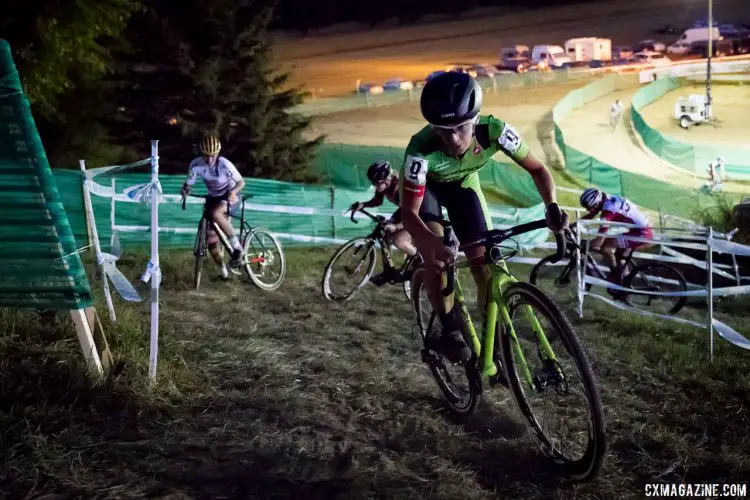 Keough nails the tricky uphill chicane on the far side of the course. Elite Women, 2017 Jingle Cross Day 1 UCI C1 (Friday Night). © J. Curtes / Cyclocross Magazine